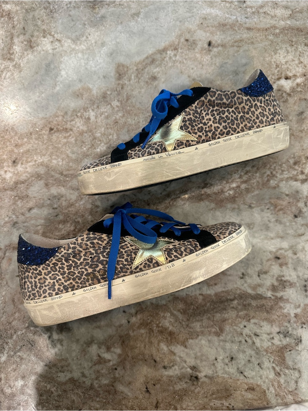 Golden Goose Leopard Sneakers with Blue Laces and Gold Tongue
